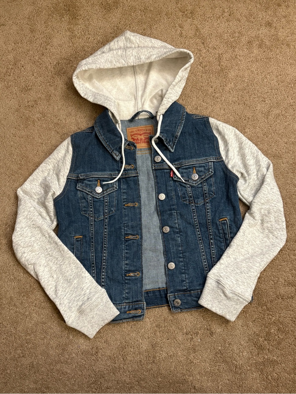 Vintage 2000s Levi's Jacket Women's Blue Denim Hybrid Hoodie Trucker Size XS Y2K